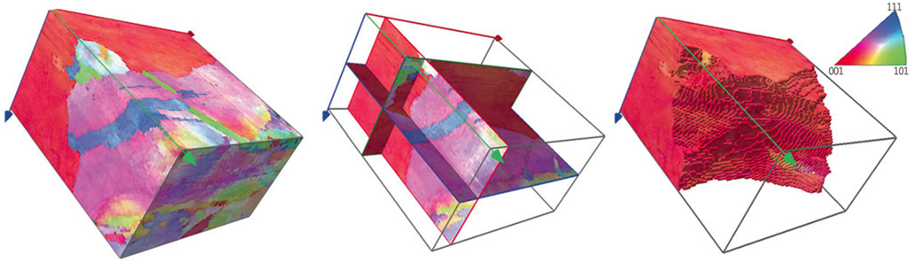 Cu样品的3D EBSD重构结果,显示了晶粒形状的正交截面