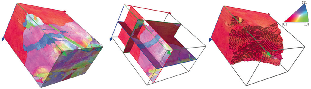 Cu样品的3D EBSD重构结果，显示了晶粒形状的正交截面