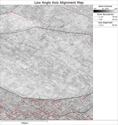 EBSD花样质量图，叠加了晶界，显示局部发展的晶界转轴约为<111>