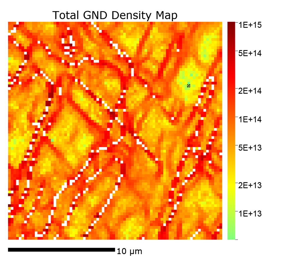 HR-EBSD测量的Al-Mg合金总几何必需位错（GND）密度图