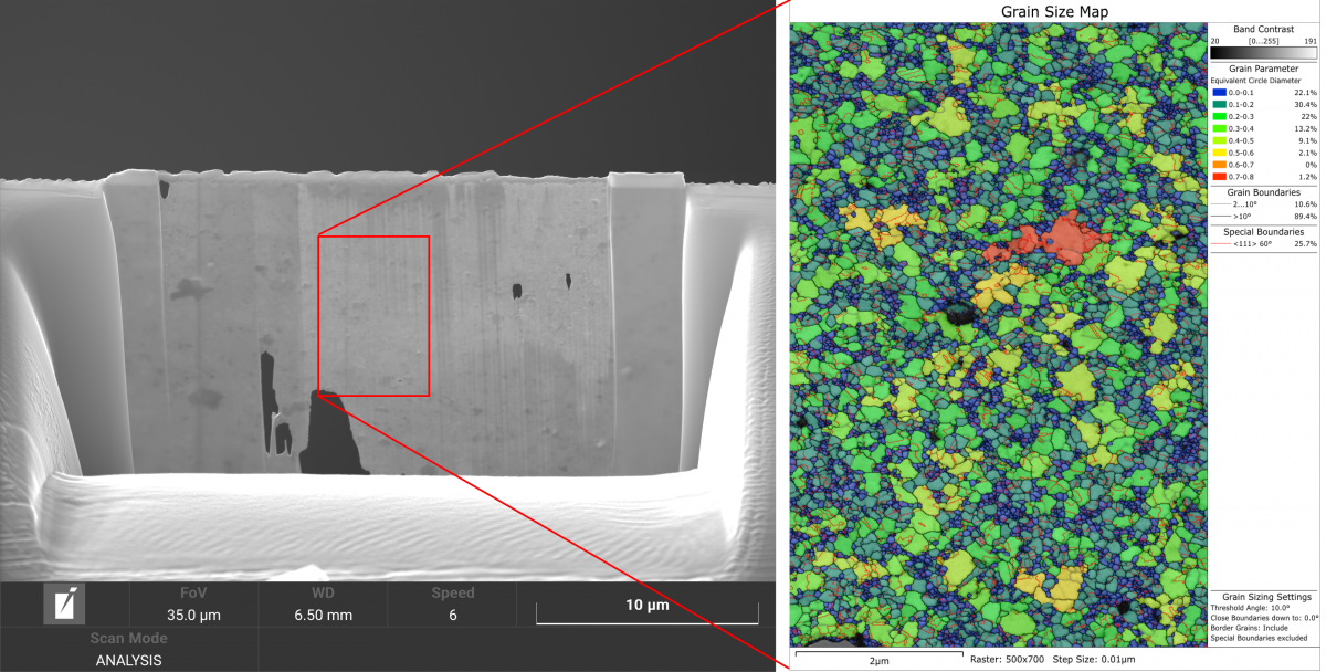 纳米晶Au薄膜二次电子图像（左）及相应的TKD晶粒大小分布图
