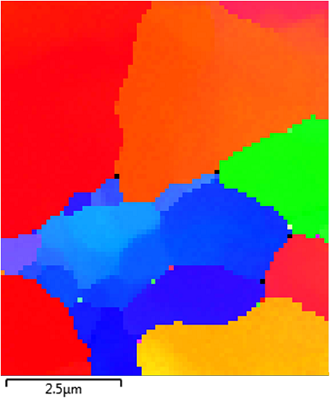 EBSD orientation map collected using class indexing, showing well indexed points along grain boundaries