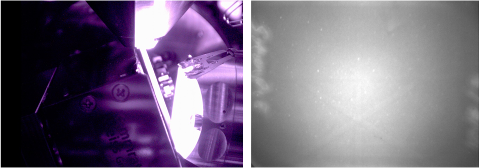 SEM样品仓图像，显示了高温EBSD实验过程中的高红外辐射，并展示了示例EBSD花样。