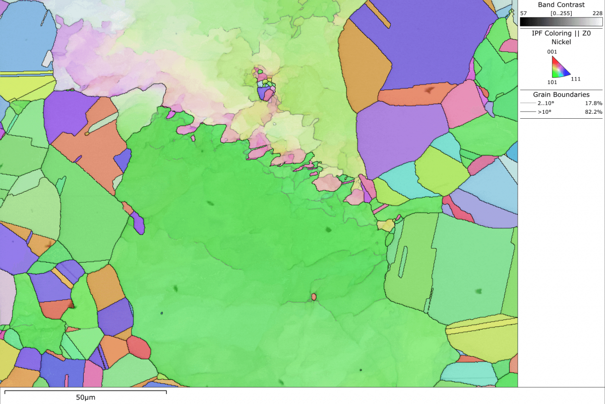 An orientation map of a deformed Ni sample collected using electron backscatter diffraction