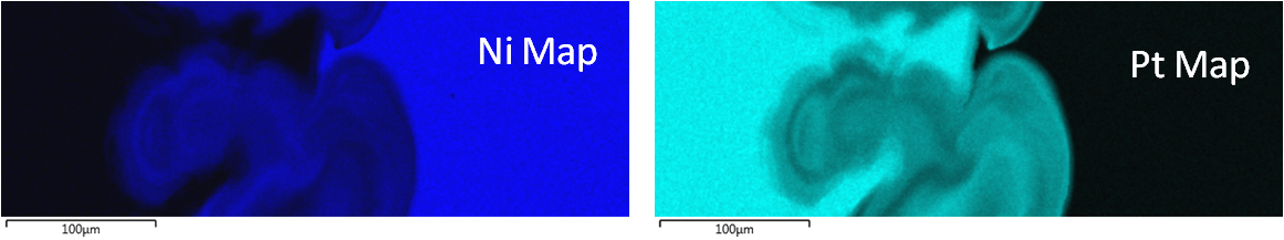 利用EDS从Pt-Ni混合区采集的元素图，显示Pt和Ni分布
