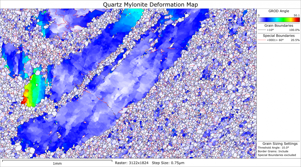 石英糜棱岩的晶粒相对取向偏差图（GROD），突出显示大晶粒和变形晶粒