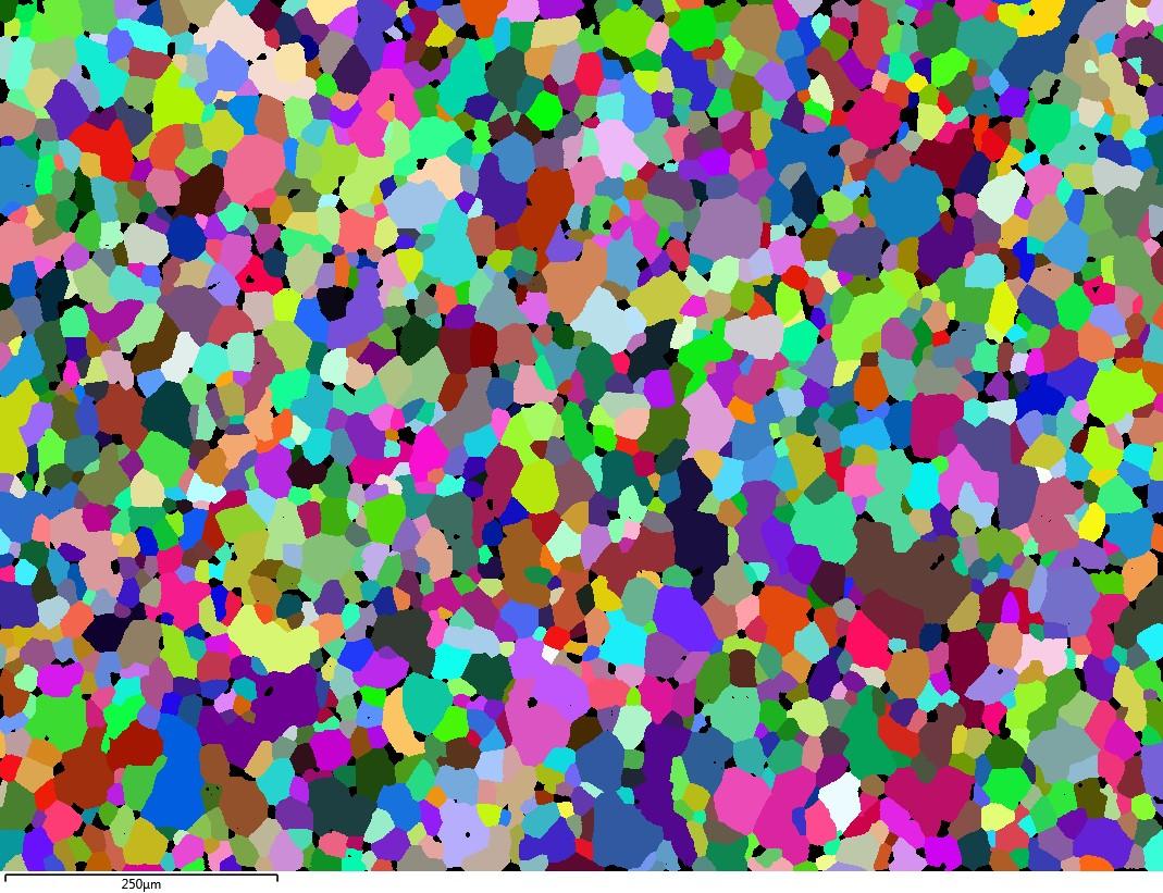 检测到随机颜色颗粒的钢样中的 ebsd 颗粒图