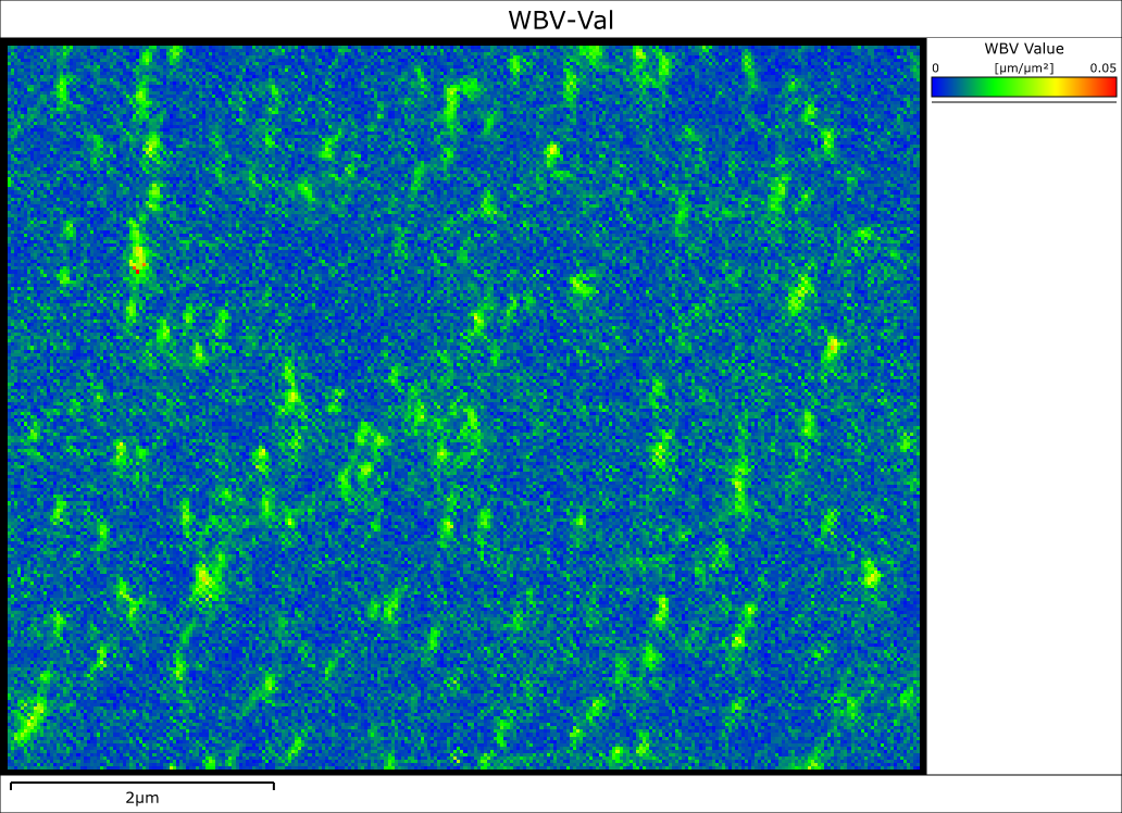 Weighted Burgers Vector magnitude EBSD map of a GaN thin film showing clear resolution of individual dislocations