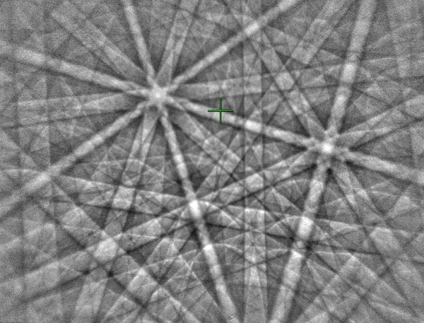 从铁素体样品中采集的EBSD花样,短工作距离的花样中心高。从铁素体样品中采集的EBSD花样,标准的工作距离的花样中心最佳。从铁素体样品中采集的EBSD花样,长工作距离的花样中心低。 从铁素体样品中采集的EBSD花样,短工作距离的花样中心高。从铁素体样品中采集的EBSD花样,标准的工作距离的花样中心最佳。从铁素体样品中采集的EBSD花样,长工作距离的花样中心低。
