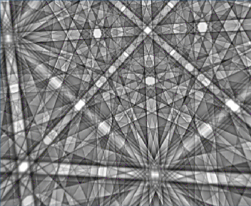 Animation showing 2 simulated EBSPs from a CuInSe2 crystal with 90° rotations, highlighting the crystal pseudosymmetry